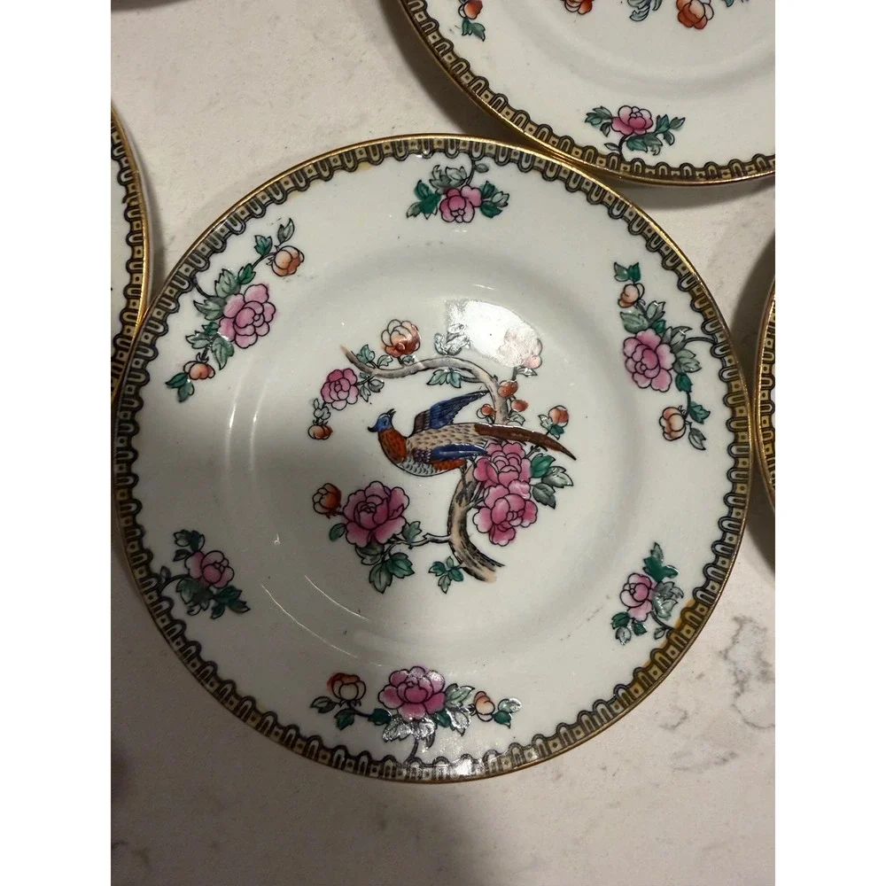 Whieldon Ware Pheasant Plates F Winkle Co England Vintage Set of 8 Floral 6.25in